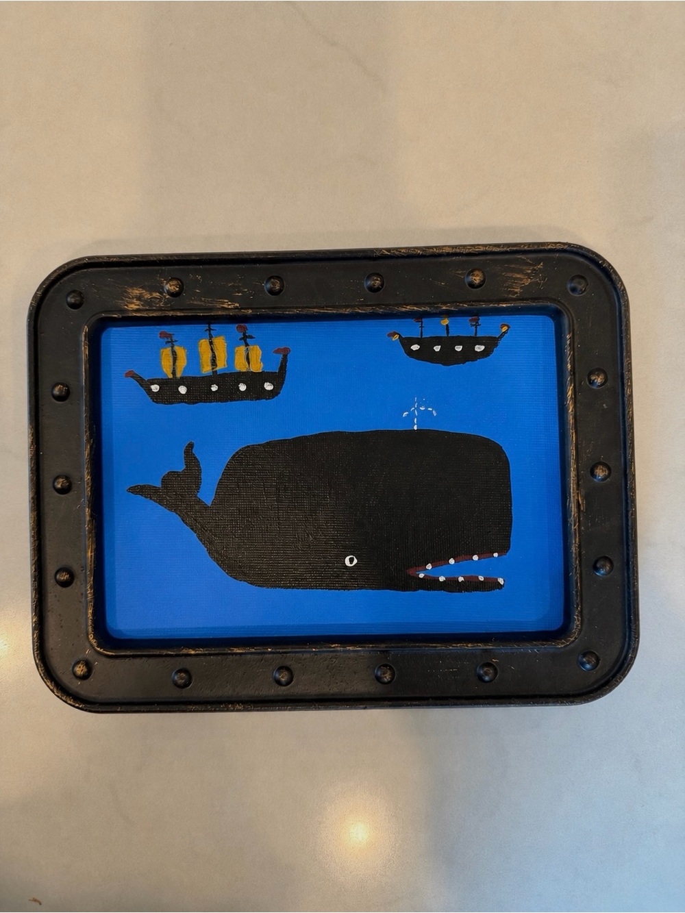 Original Folk Art Whale Painting | Framed Nautical 5x7 Canvas, Classic Nantucket - Picture 6 of 6